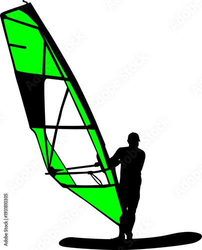 Black silhouette of a man windsurfing on a board with colorful sail isolated on white background. Bright extreme water sport concept for summer vacation, adventure, or outdoor lifestyle design