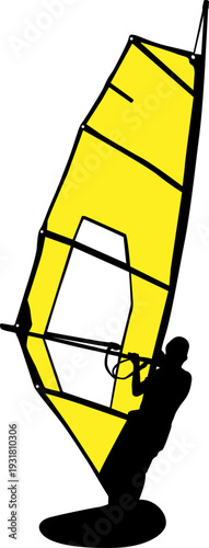 Black silhouette of a man windsurfing on a board with colorful sail isolated on white background. Bright extreme water sport concept for summer vacation, adventure, or outdoor lifestyle design