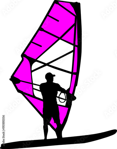 Black silhouette of a man windsurfing on a board with colorful sail isolated on white background. Bright extreme water sport concept for summer vacation, adventure, or outdoor lifestyle design