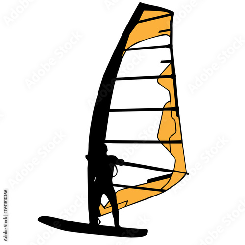 Black silhouette of a man windsurfing on a board with colorful sail isolated on white background. Bright extreme water sport concept for summer vacation, adventure, or outdoor lifestyle design