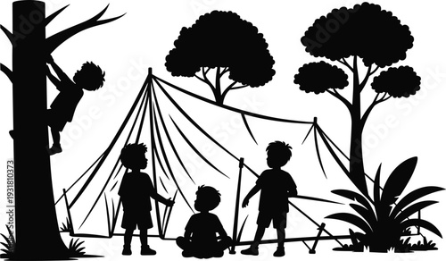Children camping silhouette with tent and trees, outdoor adventure teamwork exploration design, playful childhood nature illustration