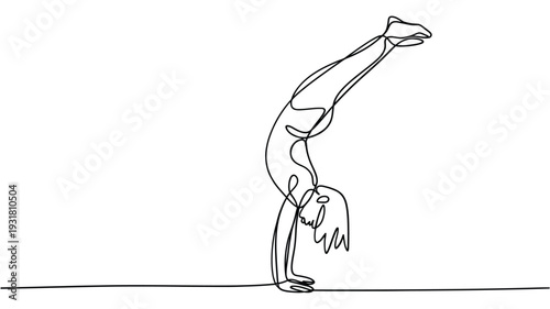Abstract line drawing of a woman performing a handstand on a line