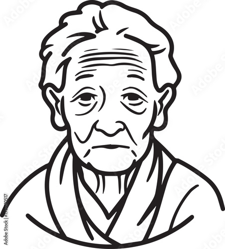 Old Woman Black and White Avatar Illustration in Minimal Line Art Style Design