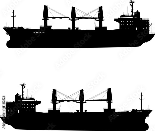 Black silhouette of a multi-purpose cargo ship with onboard cranes isolated on white background. Industrial graphic for maritime transport, logistics, or heavy lift shipping design