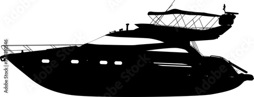 Black silhouette of a large luxury motor yacht isolated on white background. Sleek design for maritime travel, premium boating, or summer vacation graphics