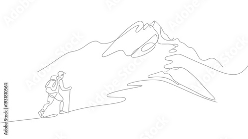A lone hiker ascends a mountain range in a continuous line drawing