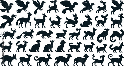 Mythical creature silhouettes collection with winged animals and fantasy beasts, black solid vector set isolated