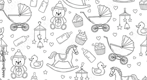 Baby shower seamless pattern, cute nursery toys doodle background with teddy bear stroller cupcake rocking horse vector illustration