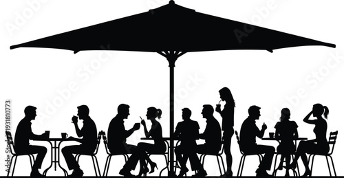 Cafe terrace silhouettes with people drinking coffee and talking under umbrella outdoor restaurant scene isolated on white background
