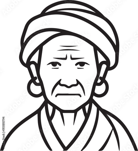Old Woman Black and White Avatar Illustration in Minimal Line Art Style Design