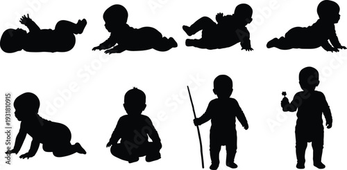 Baby silhouette set vector collection, infant crawling sitting standing poses black child illustration isolated on white background