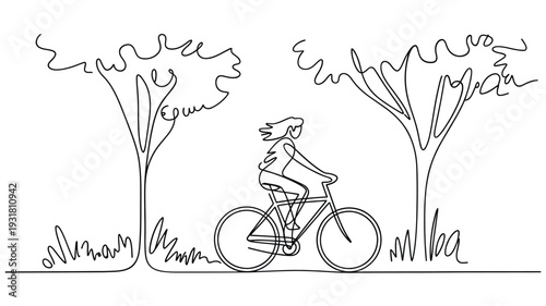 Line drawing of a woman riding a bicycle through a park landscape