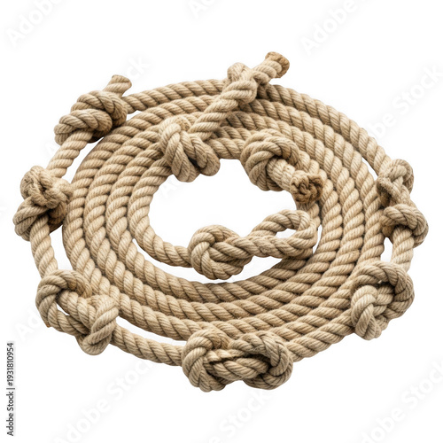 Intricate coiled rope with natural, weathered appearance tightly wound in a circular pattern