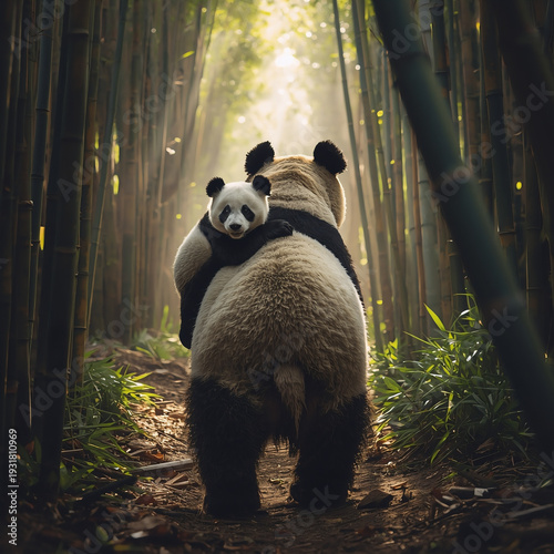 Adorable panda cub riding on mother's back in bamboo forest