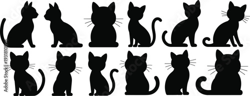 Cat silhouette collection with various sitting poses isolated on white background, cute feline vector icon set