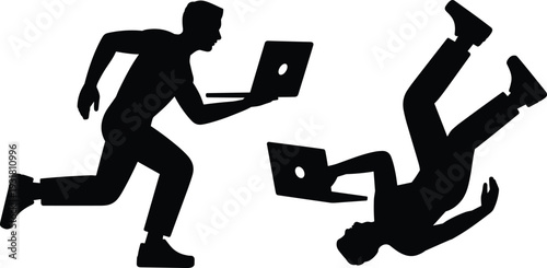 Man running with laptop and falling businessman silhouette vector illustration, work accident concept isolated on white background