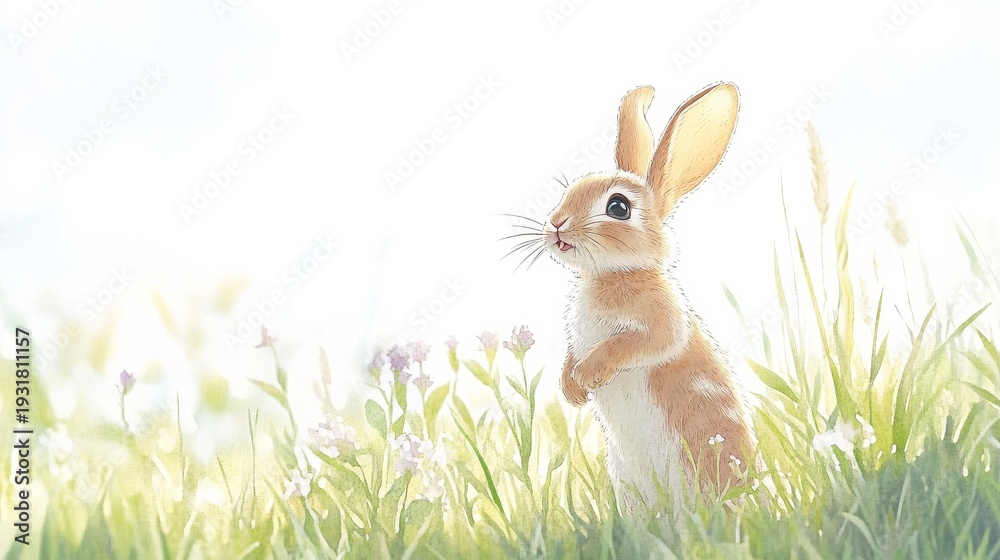 Obraz premium watercolor picture of a playful bunny hopping across a grassy field, surrounded by small flowers in soft pastel colors like lavender, peach, and mint green