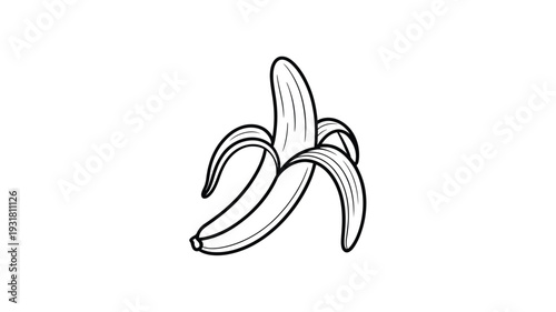 A simple black and white illustration of a partially peeled banana