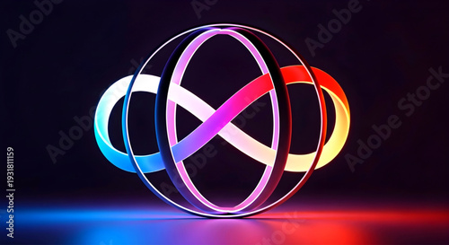 Interconnected neon rings forming a spherical structure with vibrant colors and dynamic lighting effects in a dark environment from a frontal viewpoint