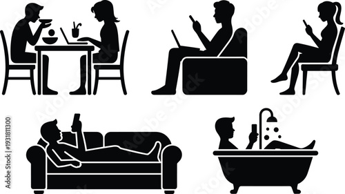 People using smartphone at home silhouettes set, modern lifestyle technology addiction concept vector illustration isolated