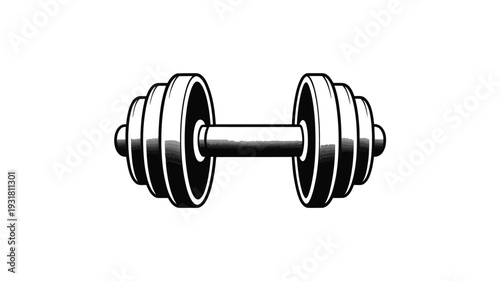 A black and white illustration of a classic barbell weight