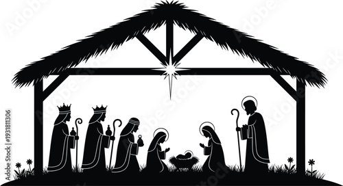 Christmas nativity scene silhouette, Holy Family with Three Wise Men in manger black and white illustration