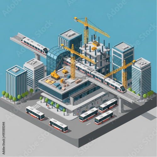 Isometric illustration of a modern city transportation hub under construction.