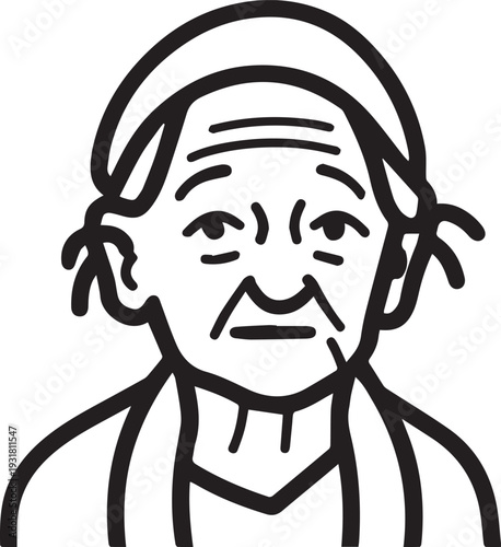 Old Woman Black and White Avatar Illustration in Minimal Line Art Style Design