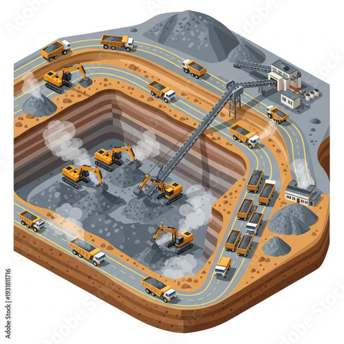 Isometric illustration of an open pit mine with heavy machinery and vehicles.