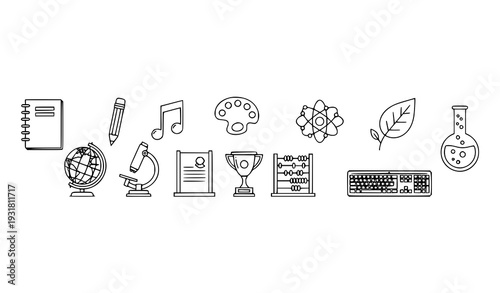Editable Stroke School Subject Outline Icons Horizontal Vector Collection for Educational Design