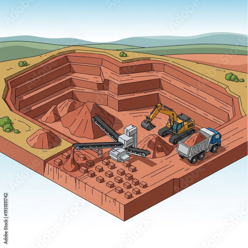 Open pit mine excavation with heavy machinery and trucks.