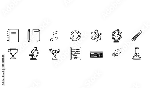 Minimal Monoline School Subjects Icons Circular Layout Editable Stroke Vector Set
