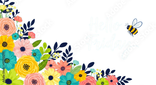 Cheerful Spring Flowers Corner Border with Flying Bee. Vibrant Floral Illustration for Greeting Cards and Web Design.