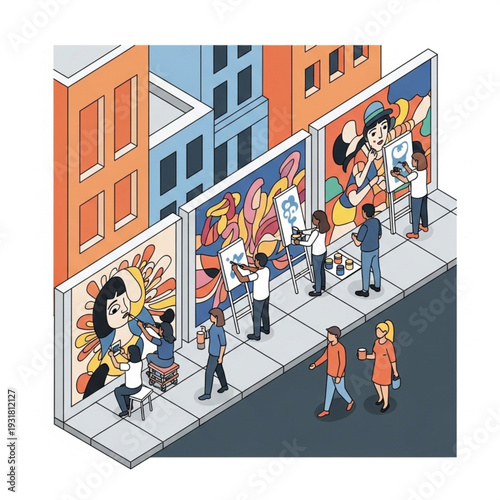 Urban street art scene with people admiring vibrant murals on building walls.