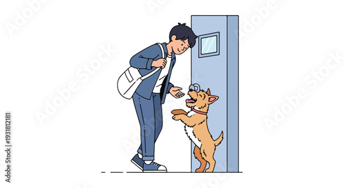 A man in a blue suit playfully greets a joyful pup with a bag slung over his shoulder in a cheerful reunion scene.