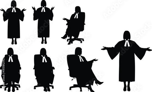 Female judge silhouette collection in professional robes, justice and law concept set, legal expert silhouettes sitting and standing on white background.
