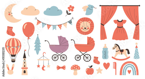 Cute nursery clipart set, pastel baby shower elements collection with toys stroller rainbow balloon vector illustration bundle