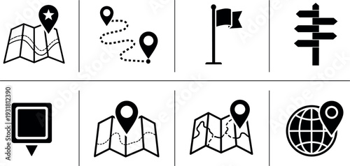 Navigation and map location icon set with route pins flag signpost globe and GPS symbols vector collection