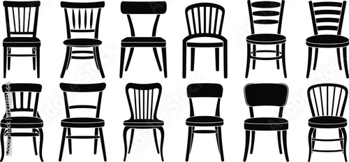 Classic wooden chair silhouettes collection isolated on white background featuring vintage and modern dining furniture design set