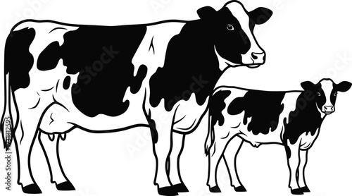 Holstein cow and calf silhouette vector illustration, black and white dairy cattle farm animal isolated on white background