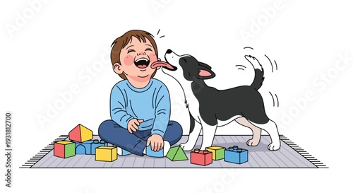 A young boy and a playful black and white dog play with colorful building blocks on a gray mat, conveying a joyful and reunion mood.