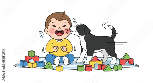 A joyful young boy playing with a playful black and white pup and colorful building blocks on a mat with a lively atmosphere.