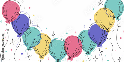 birthday banner. frame hand drawn cartoon watercolor balloons symbols of birthday party. holiday greeting card and invitation of birthday and holidays background