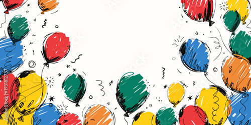 birthday banner. frame hand drawn cartoon watercolor balloons symbols of birthday party. holiday greeting card and invitation of birthday and holidays background