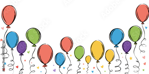 birthday banner. frame hand drawn cartoon watercolor balloons symbols of birthday party. holiday greeting card and invitation of birthday and holidays background