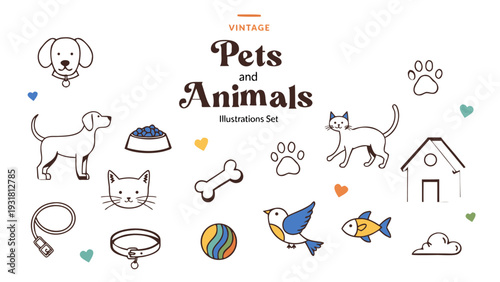 Hand drawn doodle pets and animals themed vector illustration set