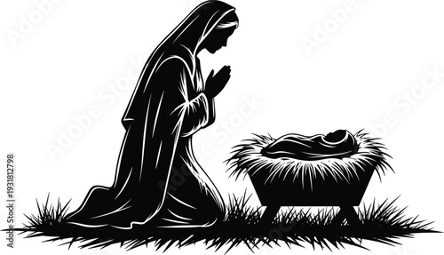 Nativity scene silhouette illustration, Virgin Mary praying over baby Jesus in manger Christian Christmas religious black vector art