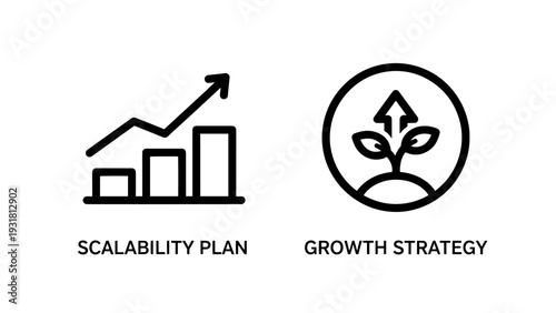 Scalability plan and growth strategy icons: bar chart showing upward trend, plant growing in circle, business expansion concepts