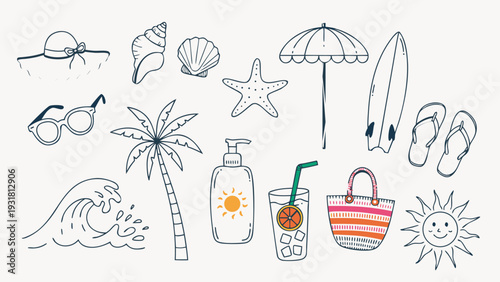 Hand drawn doodle vintage summer beach vacation themed vector illustration set