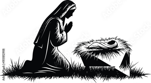 Nativity scene silhouette, Virgin Mary praying beside baby Jesus in manger black and white Christmas illustration isolated